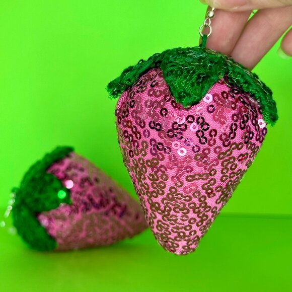 DiscoFruits Plush Sparkly Sequin Statement Disco Strawberry Earrings Pink Green - Picture 4 of 5
